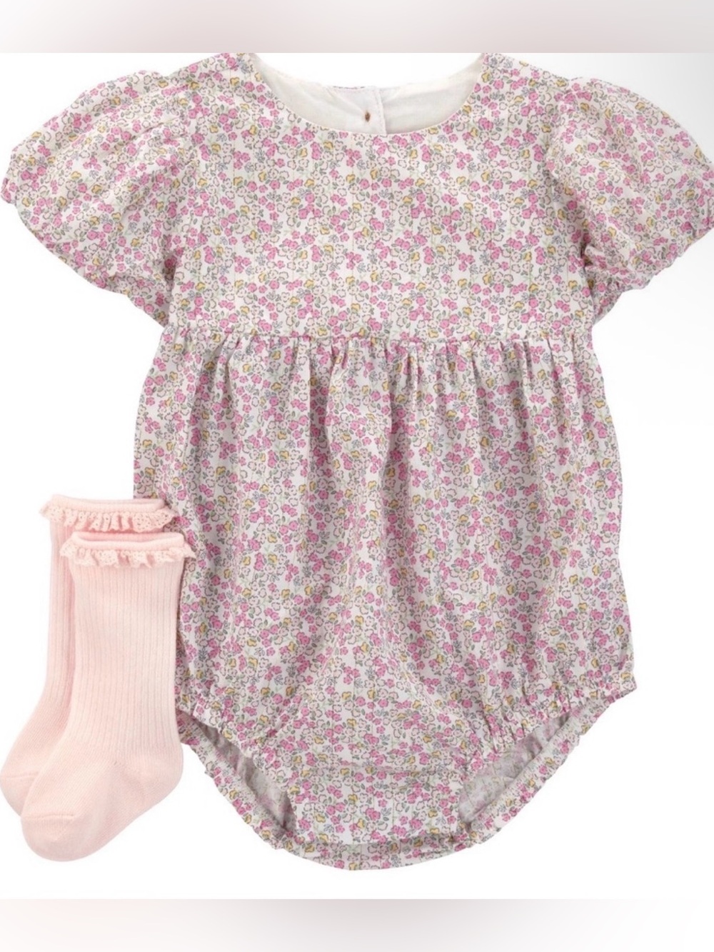 (128)Floral Baby Romper with Pink Socks